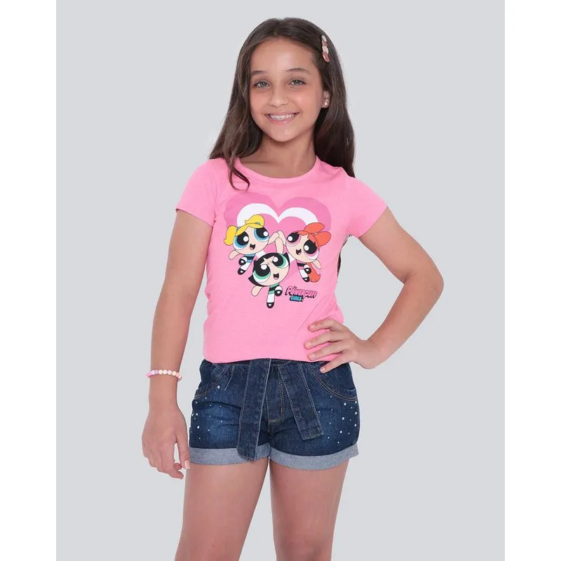 Blusa Infantil Manga Curta Meninas Superpoderosas Neon Rosa 4