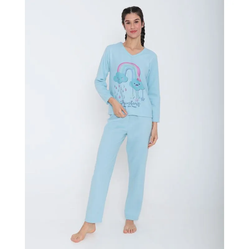 Pijama Soft Feminino Manga Longa Azul Claro GG
