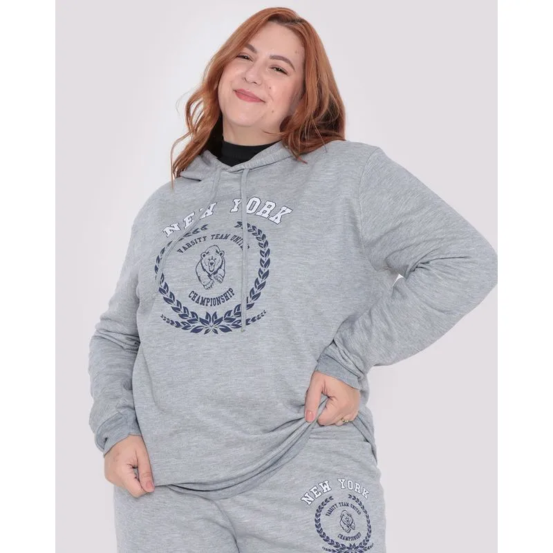 Blusão Moletom Feminina Plus Size New York Cinza G2
