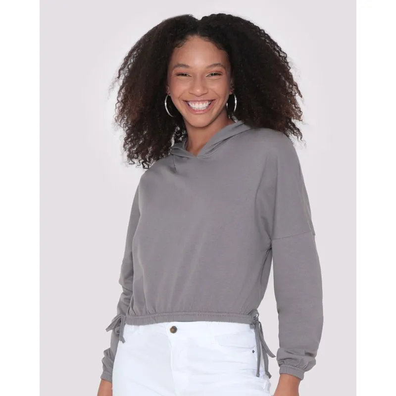 Blusa Cropped Moletinho Capuz e Laço Lateral Cinza P