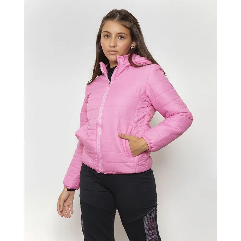 Jaqueta Juvenil Com Capuz e Zíper Puffer Rosa 16