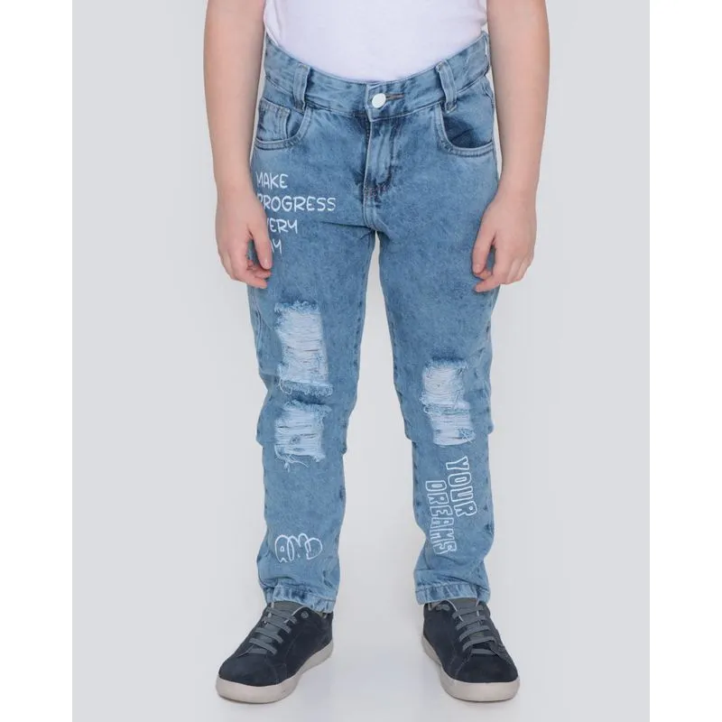 Calça Jeans Infantil Estampa Escrita Destroyed Azul Claro 8