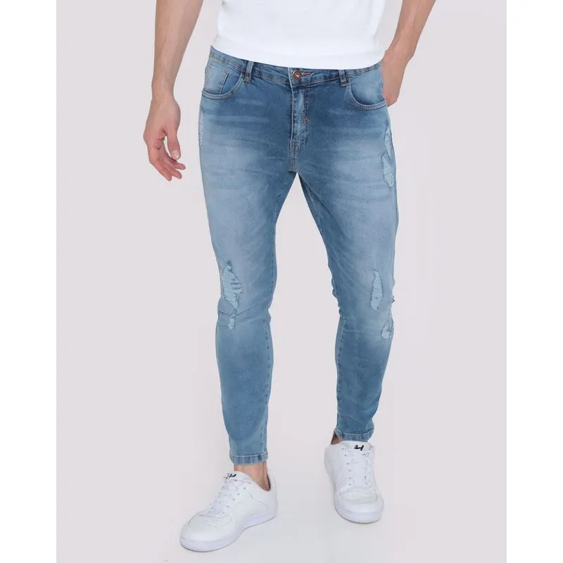 Calça Jeans Masculina Cropped Destroyed Azul 48