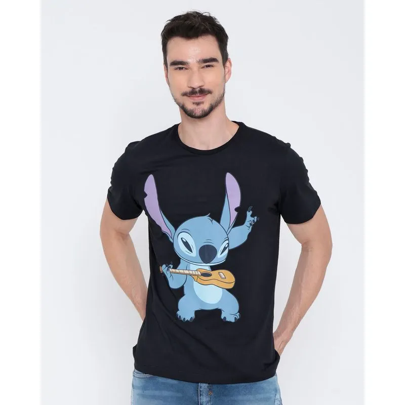 Camiseta Masculina Algodão Disney Stitch Manga Curta Preta P