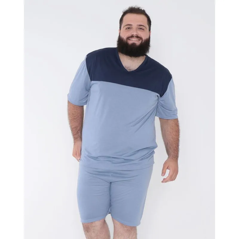 Pijama Masculino Plus Size Recortes Azul Escuro 52