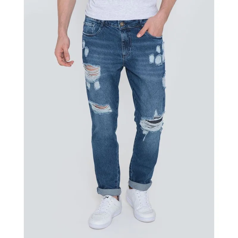 Calça Jeans Masculina Reta Destroyed Azul 36