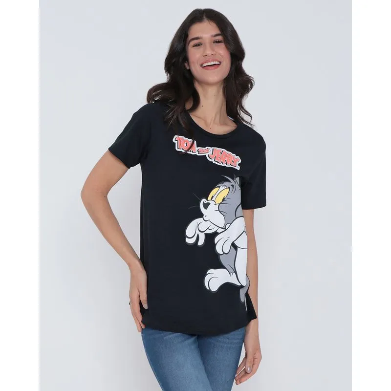 Camiseta Feminina Long Line Tom e Jerry Warner Preta M