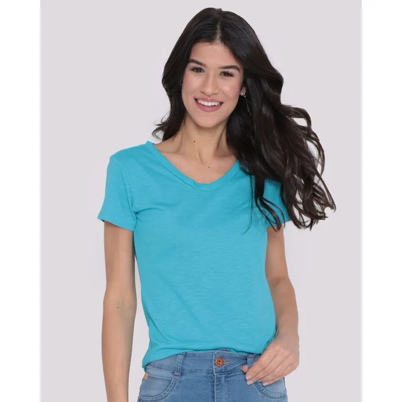 Blusa Feminina Manga Curta Decote V Azul G
