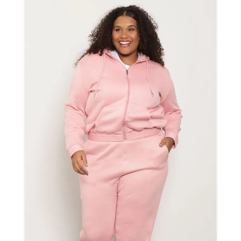 Casaco Moletom Feminino Plus Size Com Zíper Rosa G2