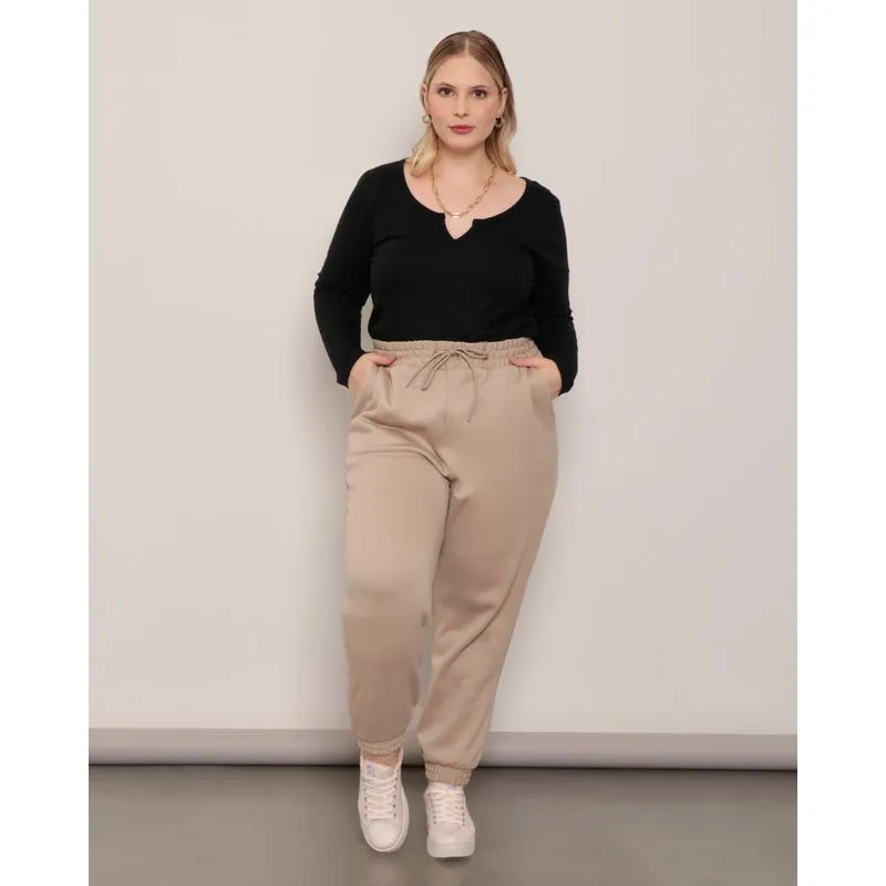 Calça Moletom Feminino Plus Size Jogger Bege G3