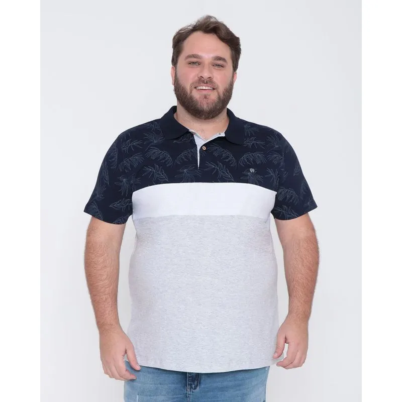 Polo Masculina Plus Size Recortes Folhagem Mescla Claro G2
