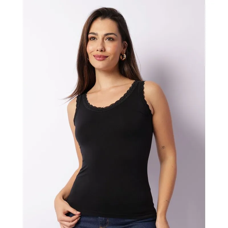 Regata Feminina Com Renda Sem Costura Preta G