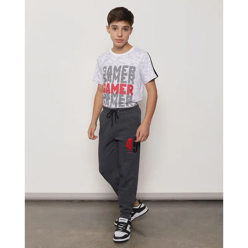 Calça Moletom Juvenil Com Bordado Jogger Cinza 16
