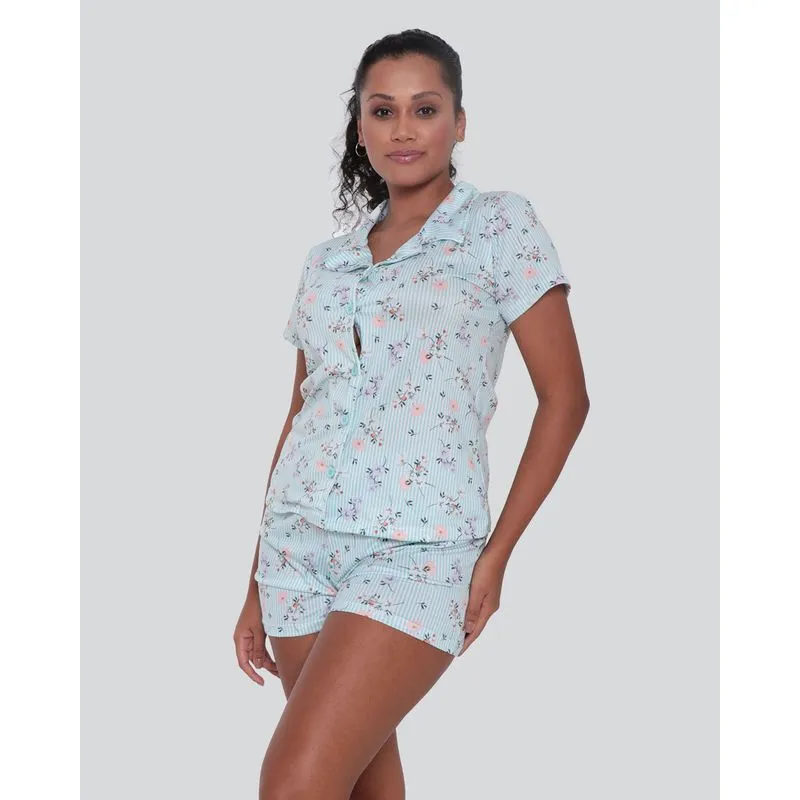 Pijama Americano Estampa Listrada Floral Verde P