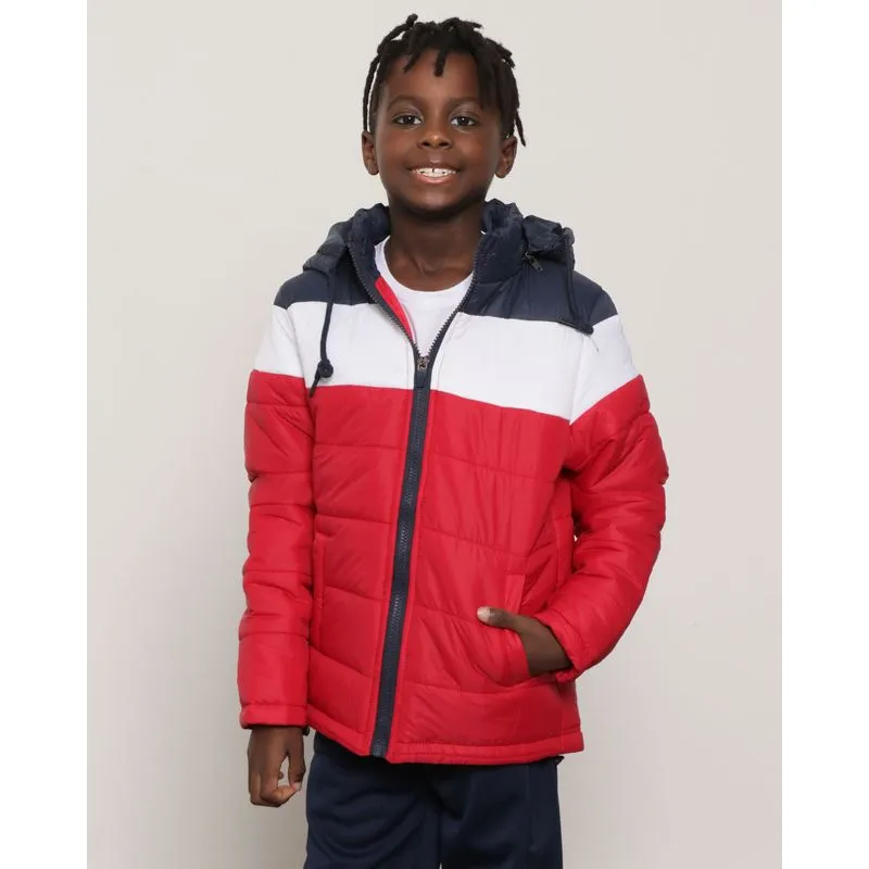 Jaqueta Infantil Puffer Capuz Com Recortes Vermelho E Marinho 4