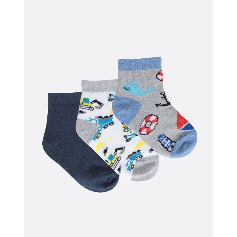 Kit 3 Pares Meia Bebê Estampa divertida Marinho Cinza 19 A 22
