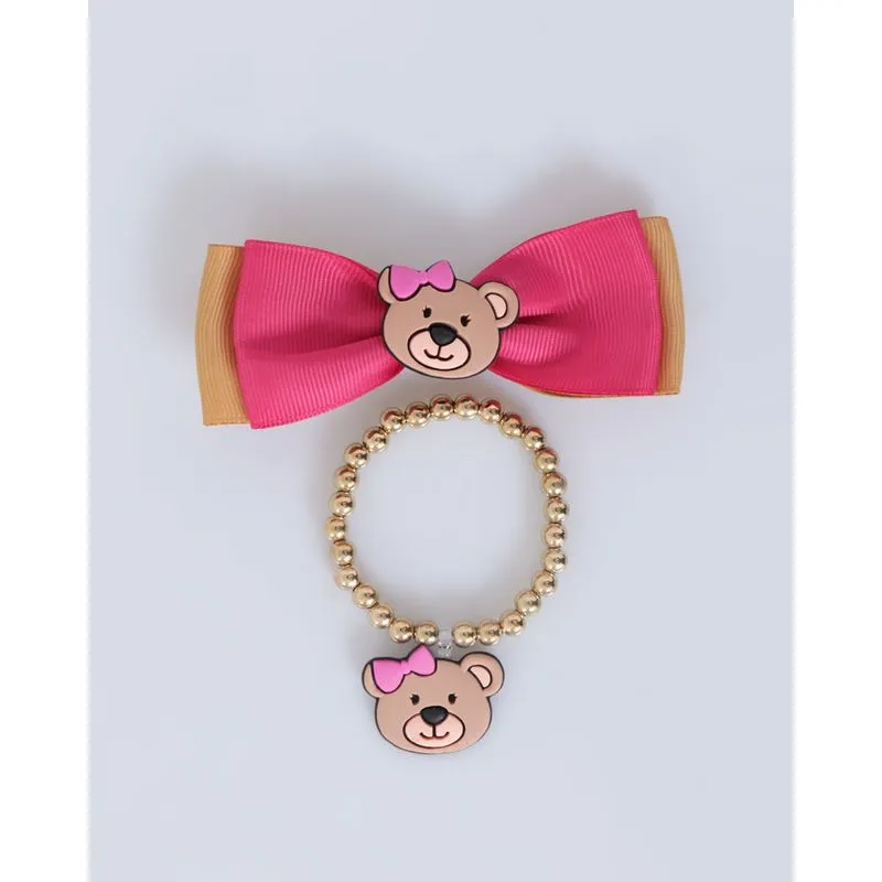 Kit Infantil Laço Cabelo E Pulseira Ursinho Rosa UN