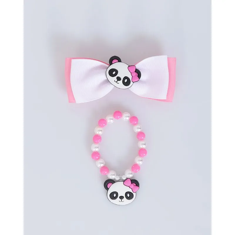 Kit Infantil Laço Cabelo E Pulseira Panda Rosa UN