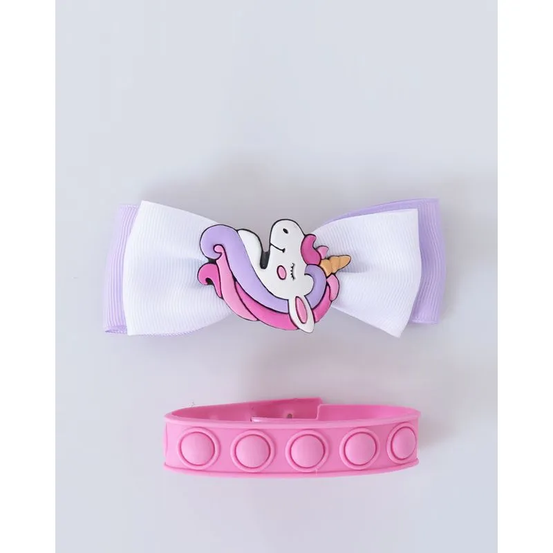 Kit Infantil Laço Cabelo E Pulseira Unicórnio Rosa Lilás UN
