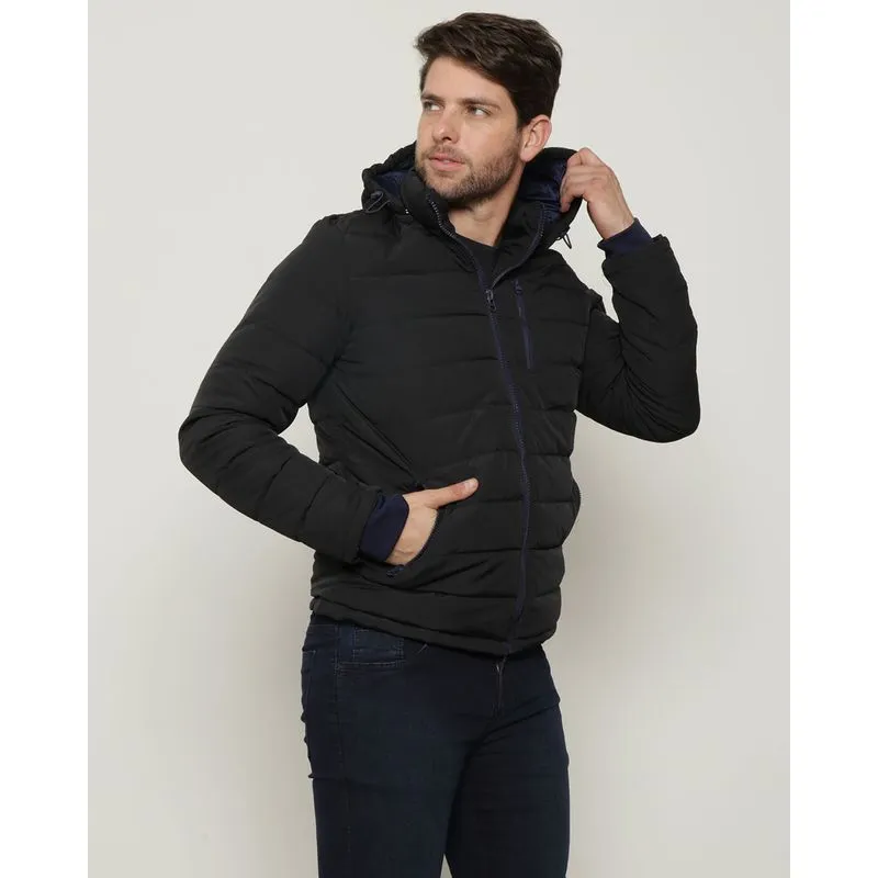 Jaqueta Masculina Puffer Gola Alta Com Capuz Preta G