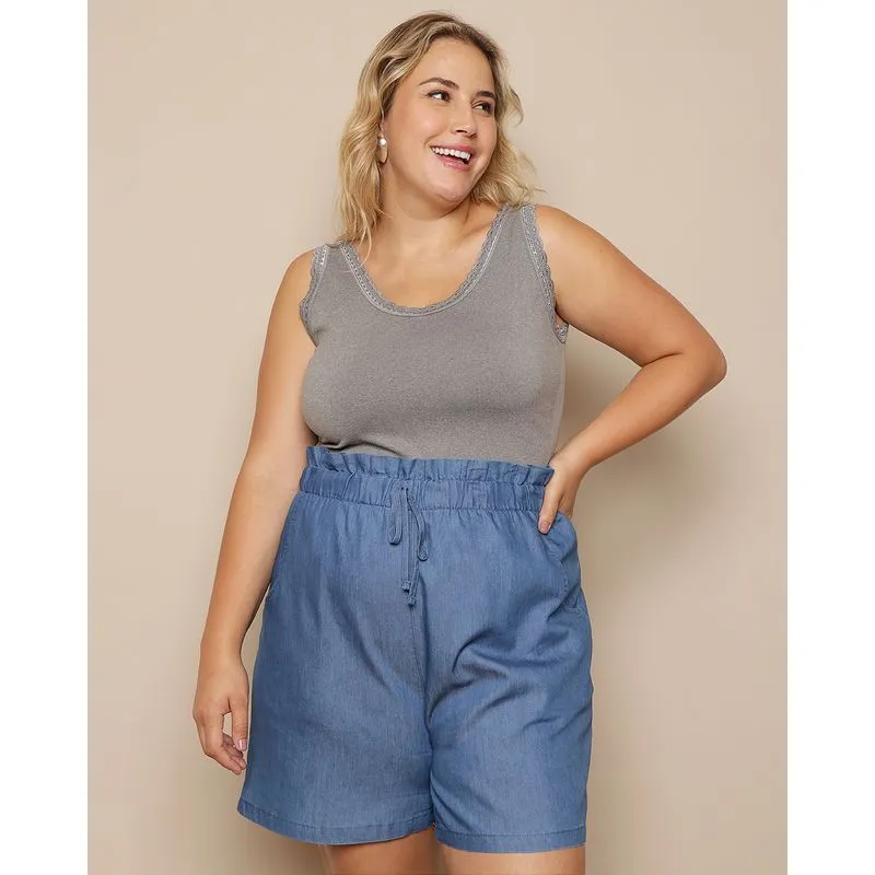 Regata Feminina Plus Size Sem Costura Renda Cinza G2