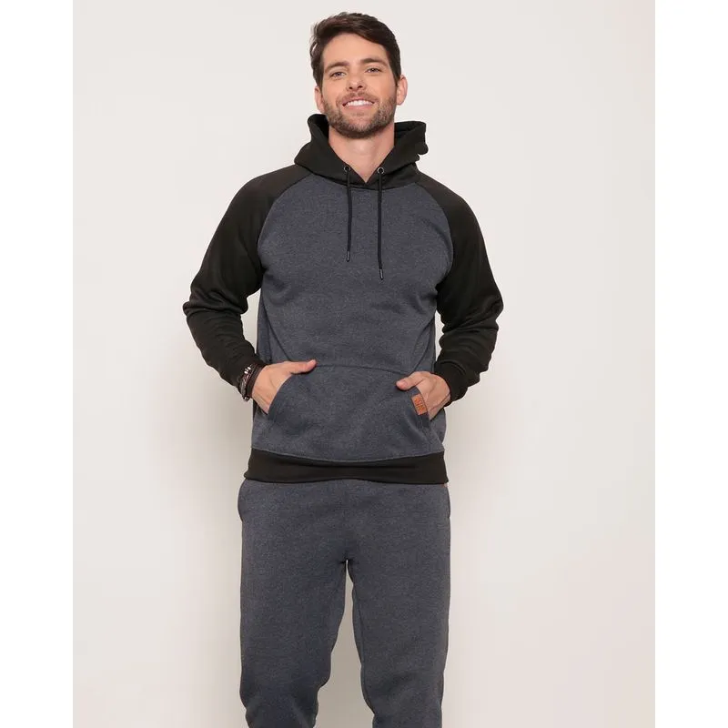 Blusão Moletom Masculino Raglan Capuz Cinza P