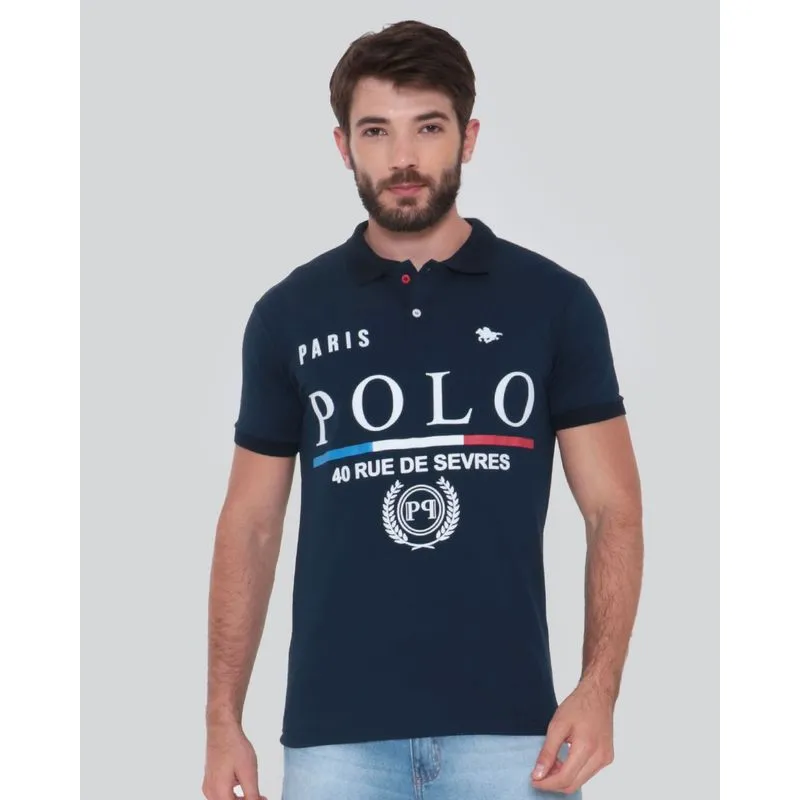 Polo Masculina Estampa Frontal Azul Marinho P