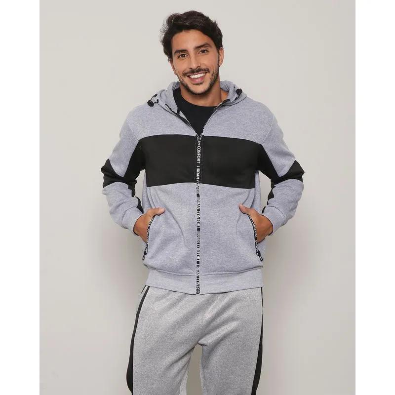 Jaqueta Moletom Masculina Peluciada Recortes Com Capuz Cinza M