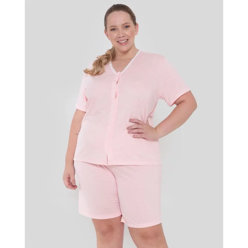 Pijama Plus Size Feminino Manga Curta Poá Rosa Claro 48
