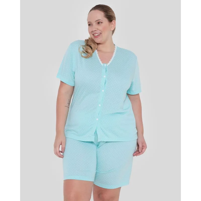 Pijama Plus Size Feminino Manga Curta Poá Verde Claro 48