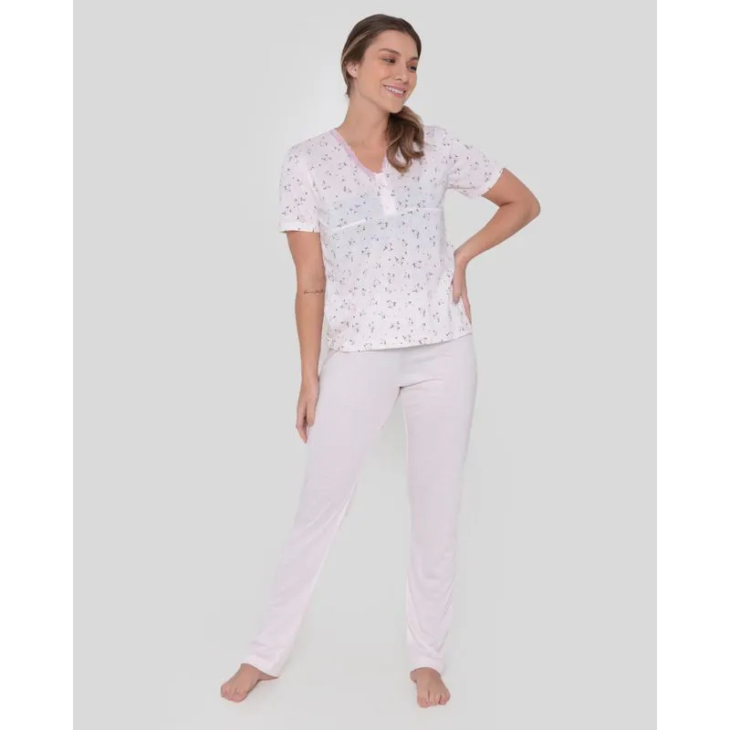 Pijama Feminino Calça Floral Rosa Claro P