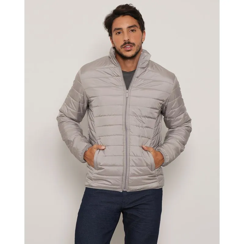 Jaqueta Masculina Puffer Gola Alta Com Zíper Cinza M