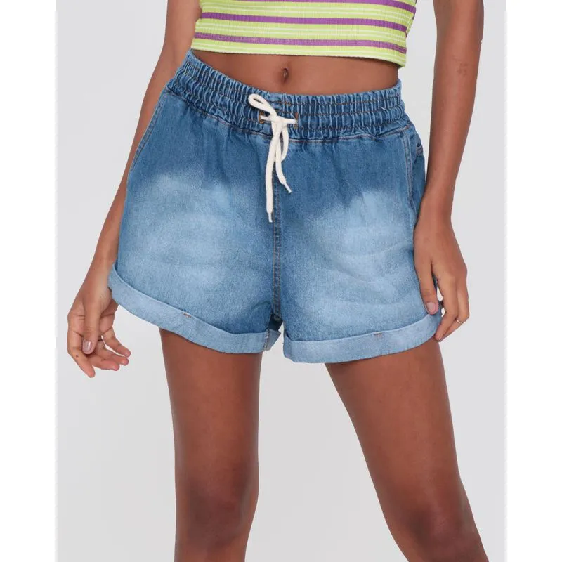 Short Feminino Jeans Barra Dobrada Azul 44