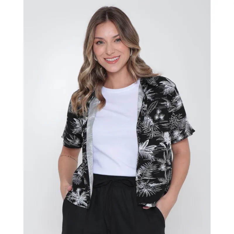 Camisa Feminina Viscose Cropped Floral Preta M