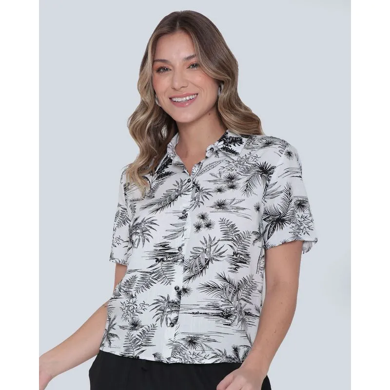 Camisa Feminina Viscose Cropped Floral Off White G