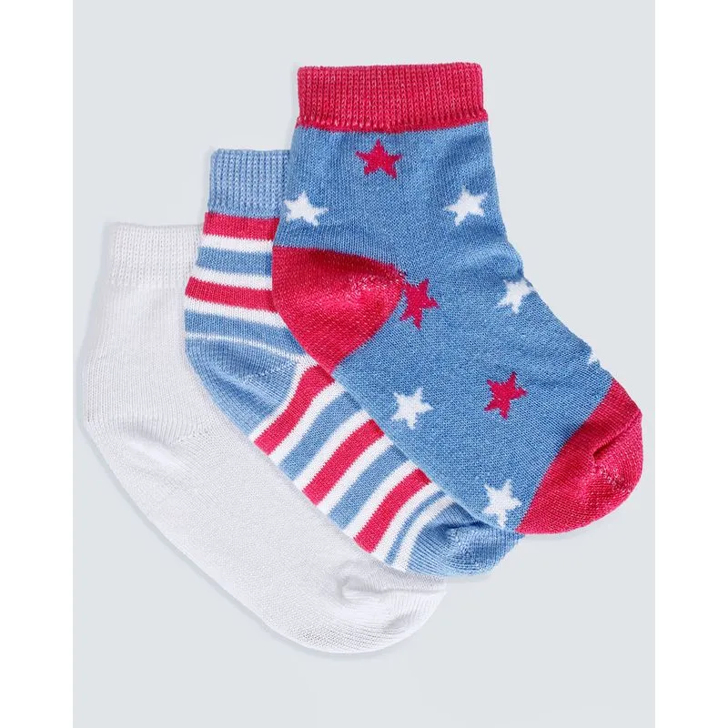 Kit Meia Infantil 3 Pares Estampa Estrela Branco Azul 23 A 26
