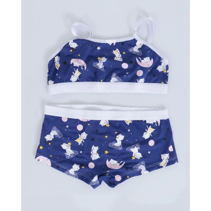 Conjunto Juvenil Top Calcinha Gatinho Azul Branco 14