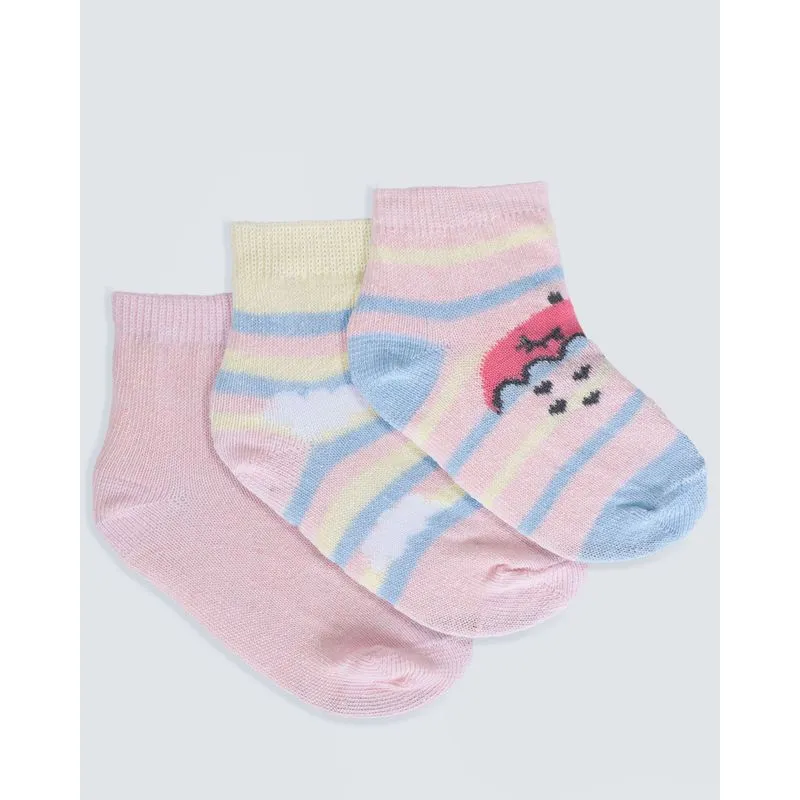 Kit Meia Infantil 3 Pares Soquete Listras Azul Amarelo Rosa 23 A 26