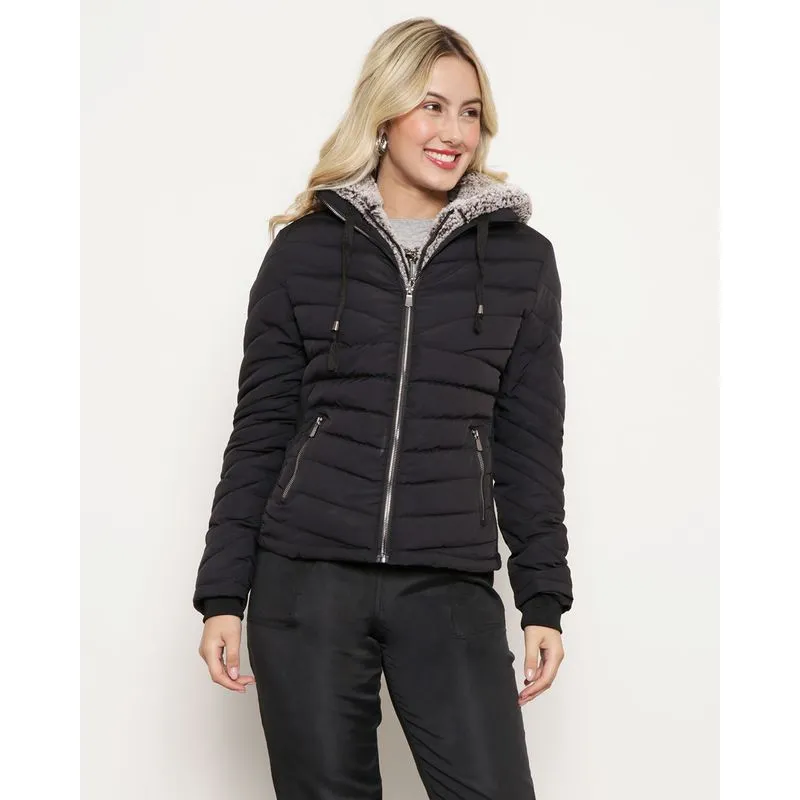 Jaqueta Feminina Puffer Removível Capuz Sherpa Preta P
