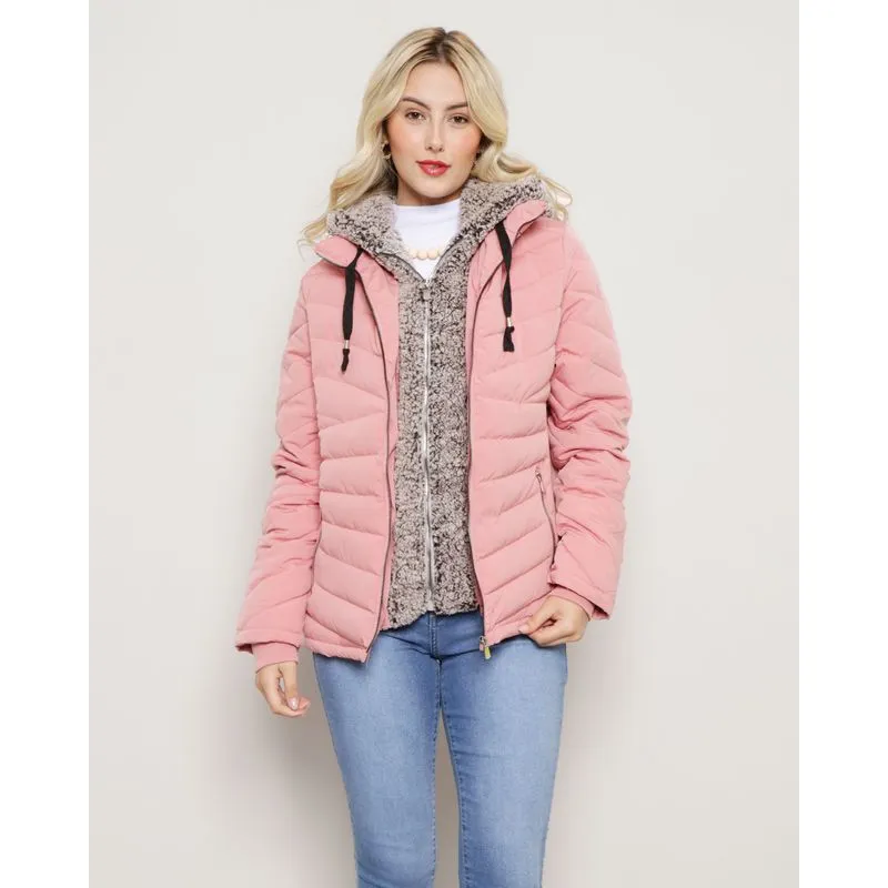 Jaqueta Feminina Puffer Removível Capuz Sherpa Rosa M