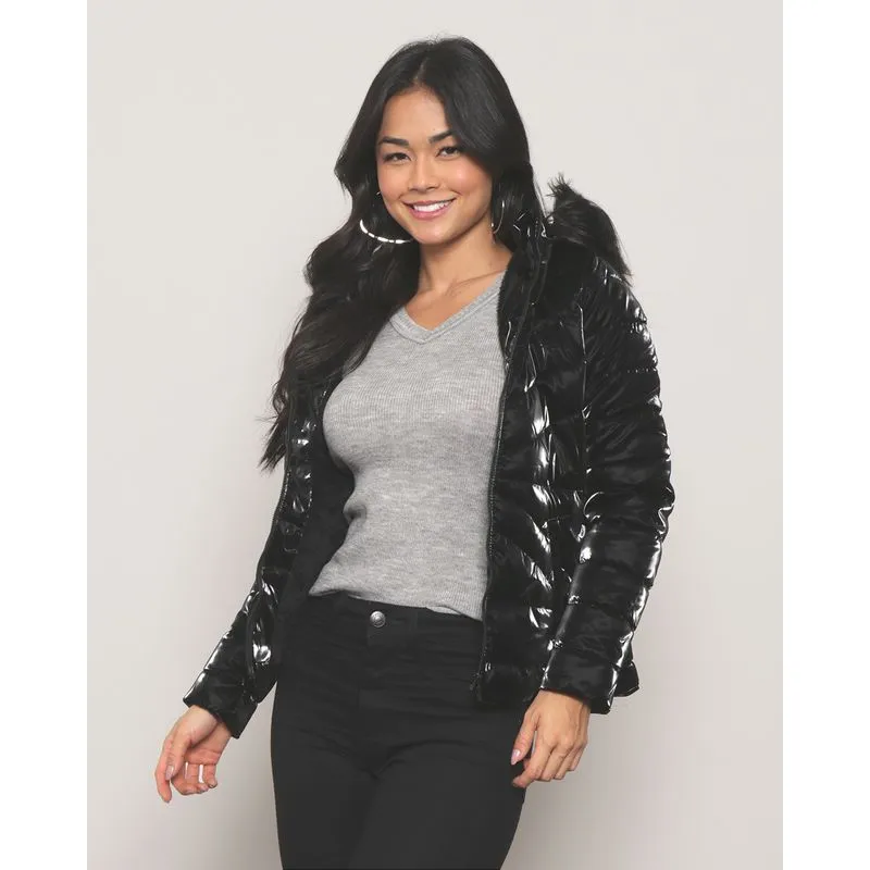 Jaqueta Feminina Puffer Com Capuz Removível Holográfica Preta GG
