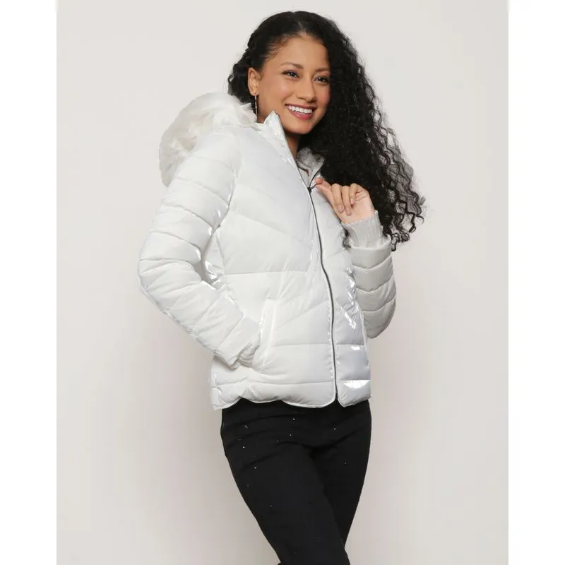 Jaqueta Feminina Puffer Com Capuz Removível Holográfica Branca G