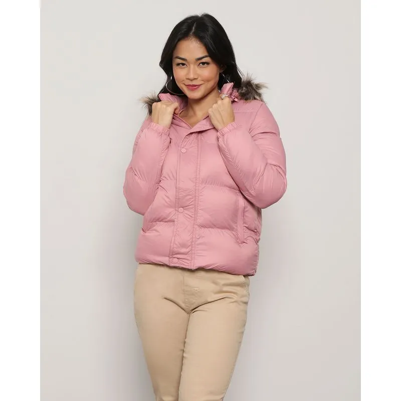 Jaqueta Feminina Puffer Com Capuz Removível Rosa M