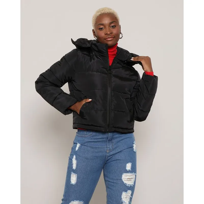 Jaqueta Feminina Puffer Capuz Removível Preta GG