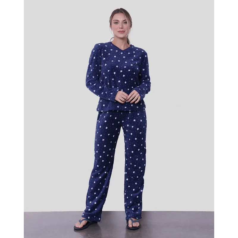 Pijama Feminino Manga Longa Estrelas Soft Marinho P