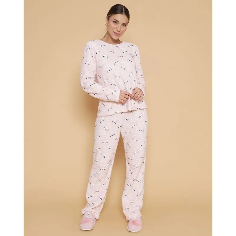 Pijama Feminino Longo Estampa Gatinho Plush Rosa G