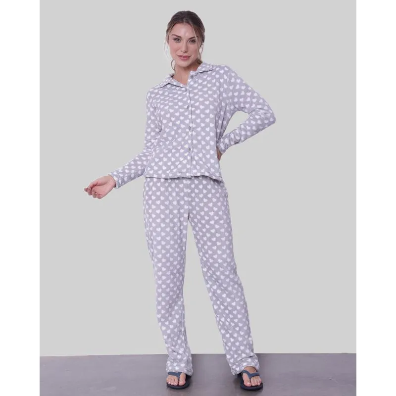 Pijama Feminino Com Botões Soft Coração Cinza Claro G