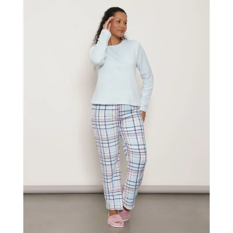 Pijama Feminino Manga Longa Xadrez Soft Azul GG