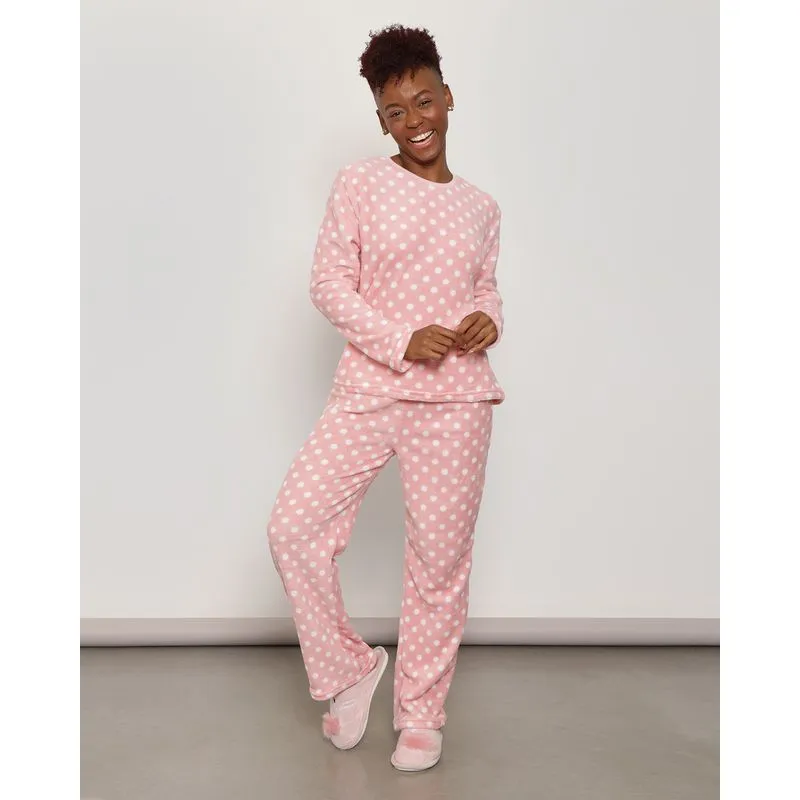 Pijama Feminino Manga Longa Estampa Poá Rosa Soft Claro P