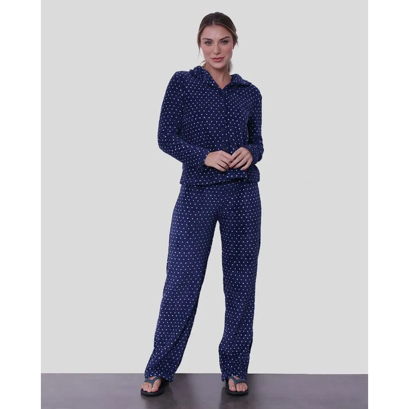 Pijama Feminino Com Botões Soft Poá Marinho G